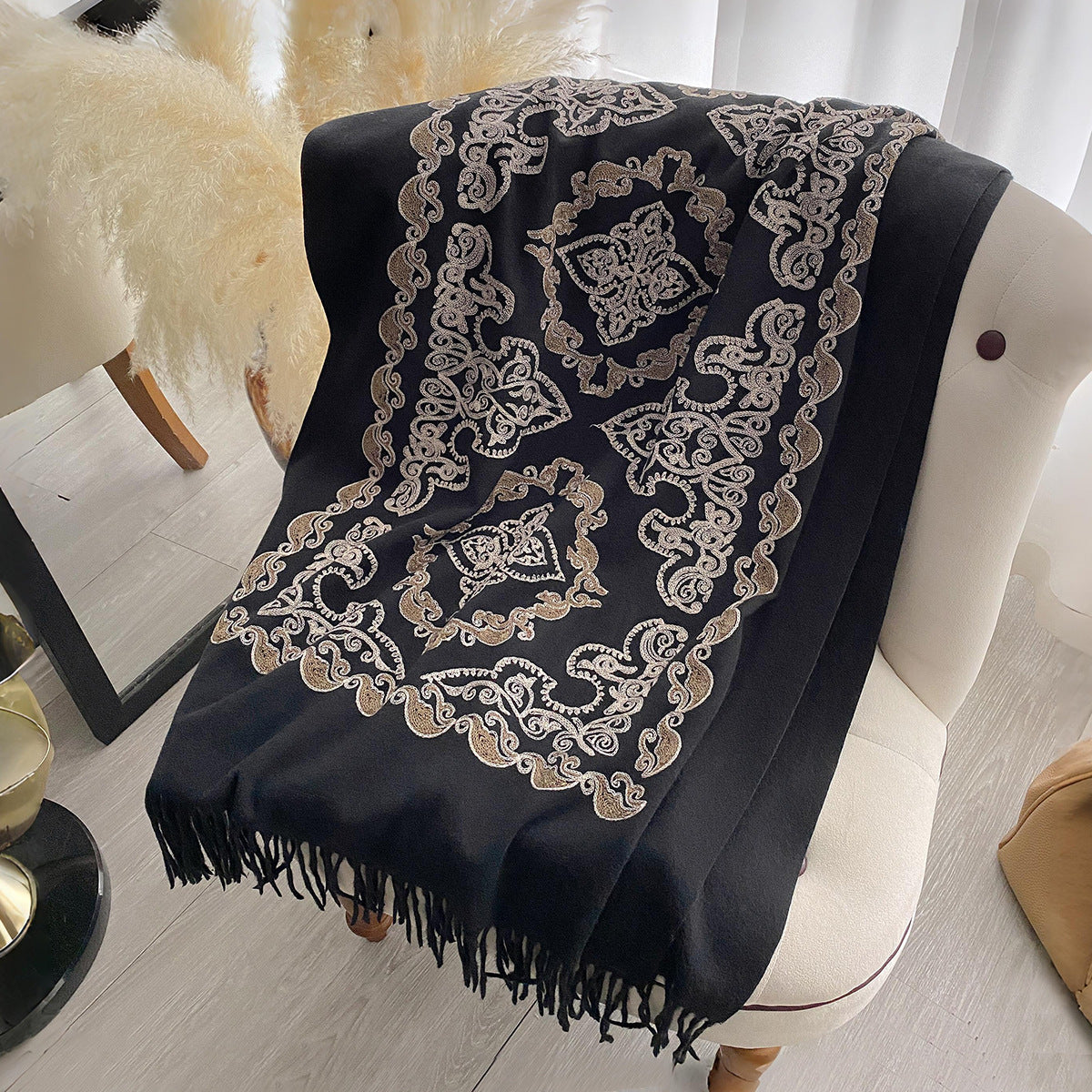 Womens High-End Warm Dual-Use Embroidered Tassel Shawl