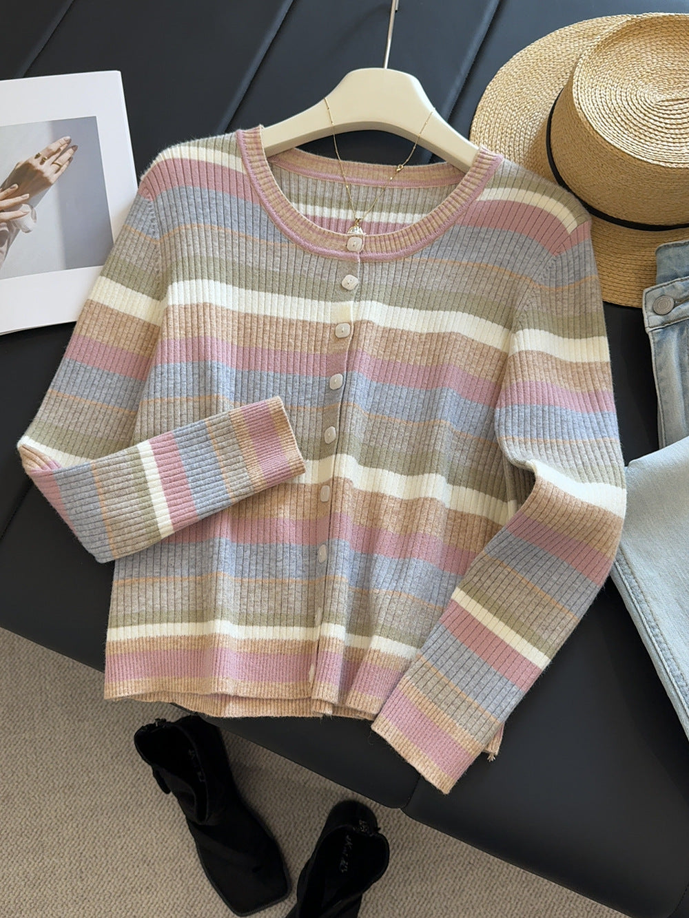 Women's Long-sleeved Striped Knit Sweater Thin Fitted Base Sweater