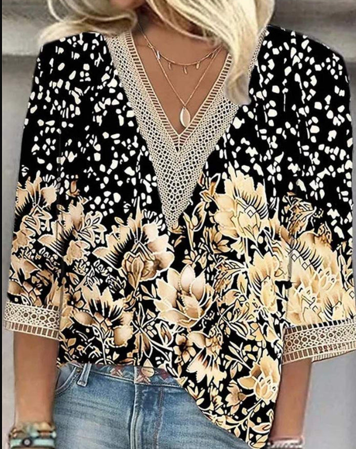 Women's Loose New Multi-color Floral Print Stitching Lace Mid-sleeve V-neck T-shirt