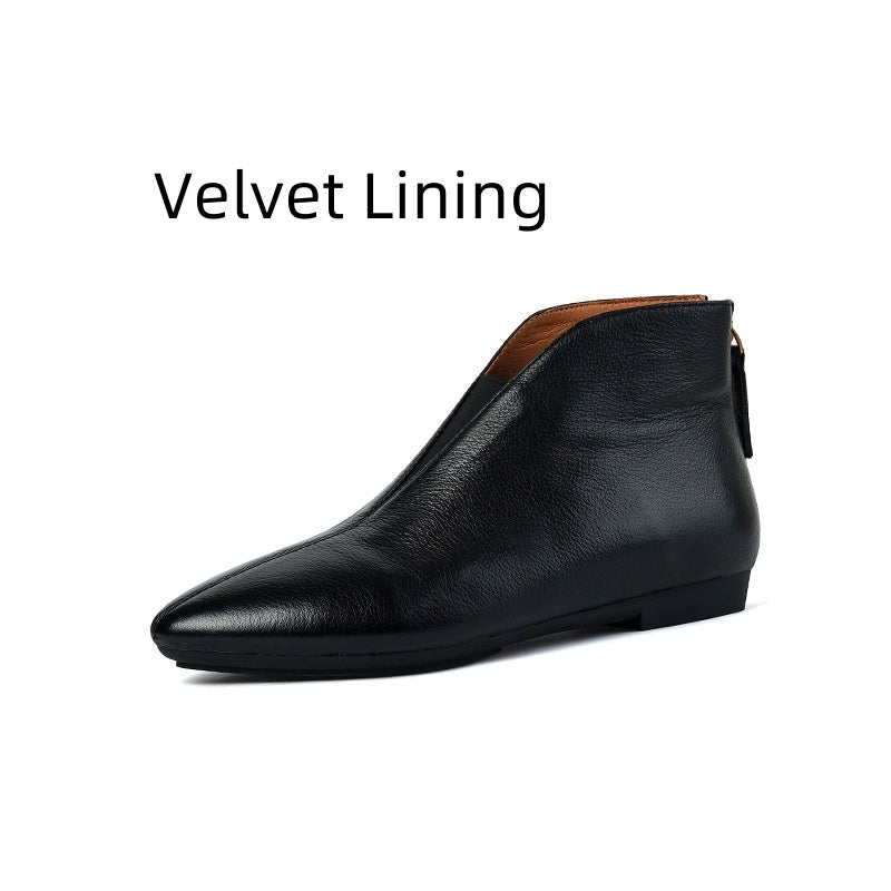 Retro ankelstøvler i læder med lav hæl og lynlås bagpå