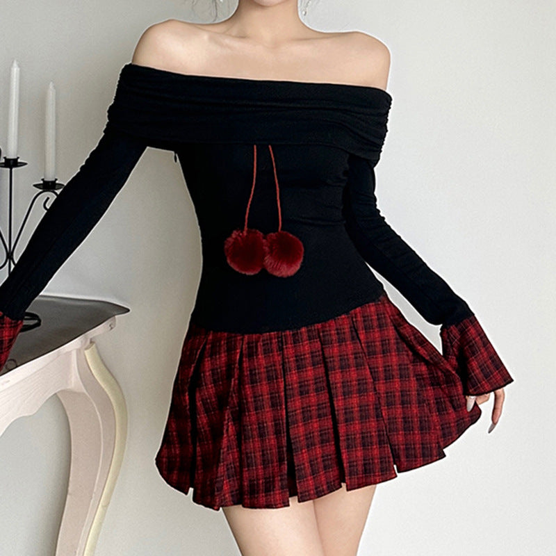 Off-the-shoulder Waist-cinched Figure-flattering Knitted Plaid Pleated Sexy Dress