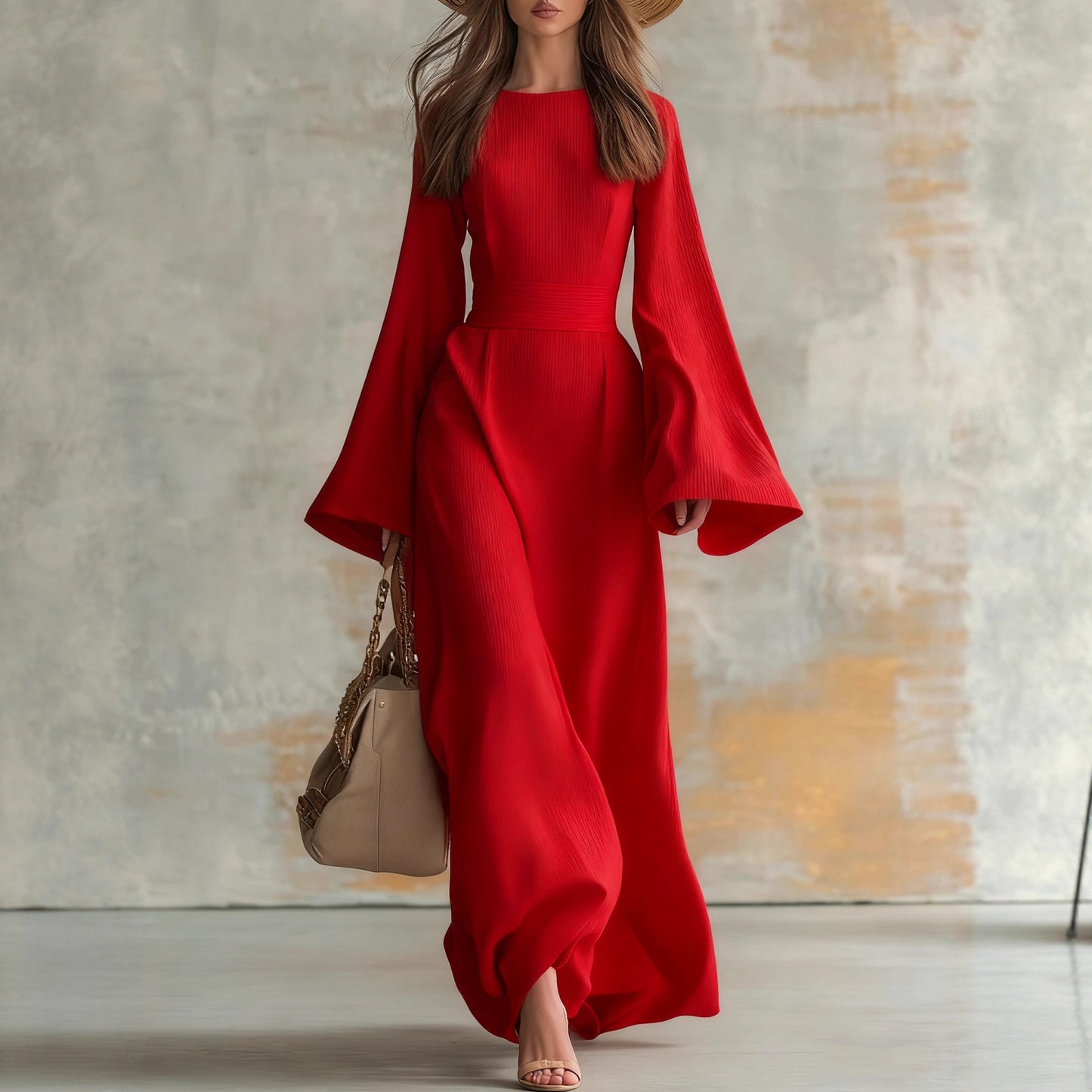 Womens Slim Fit Casual Dress With Flared Sleeves