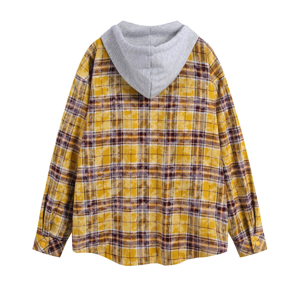 Spring And Autumn Plaid Colorblock Hooded Shirt Coat