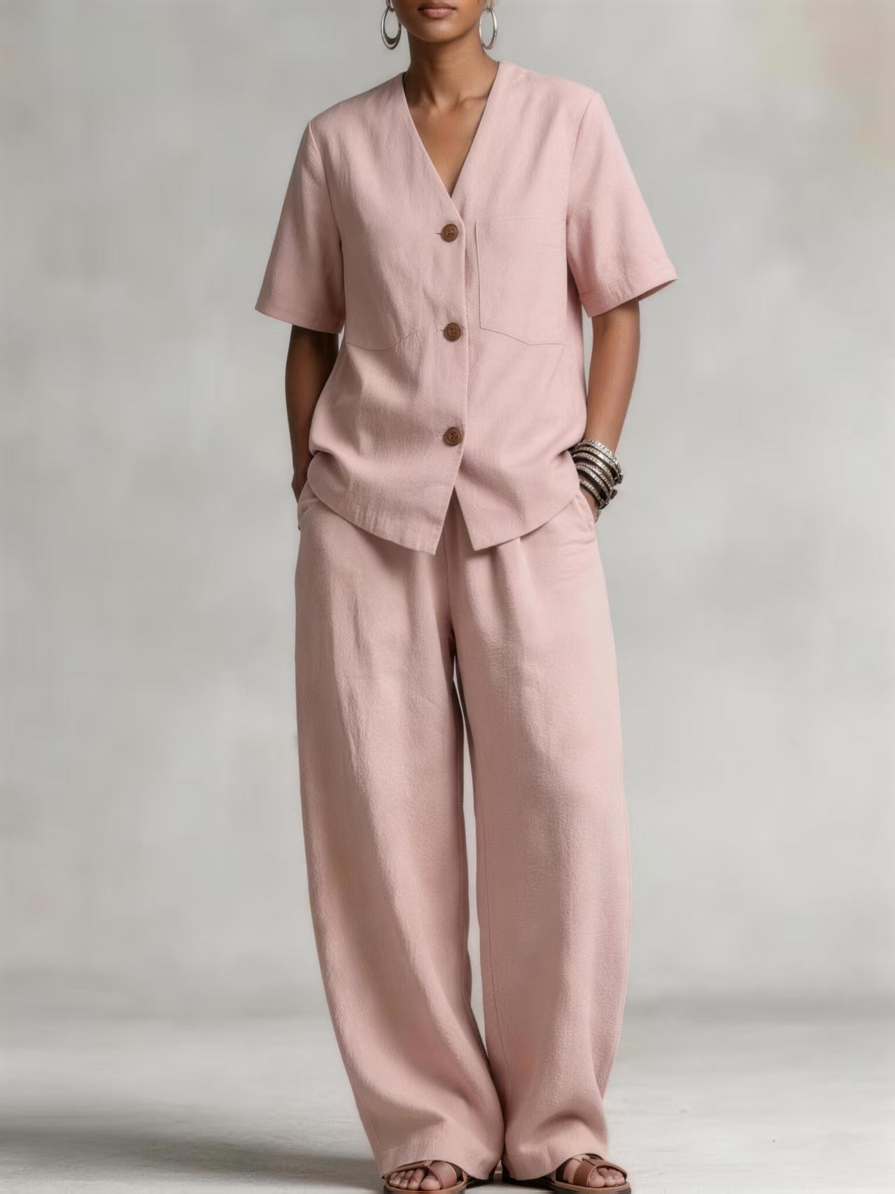 Summer Linen Solid-color Collarless Short-sleeve Top And Casual Wide-leg Pants