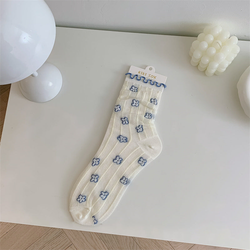 Mesh Stockings Children's College Style Wooden Ear Vertical Stripes Small Flower Tube Socks