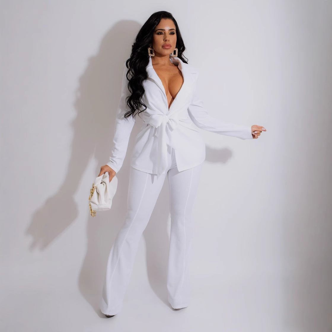 European And American Women's Stand Solid Color Fashion V-neck Two-piece Suit