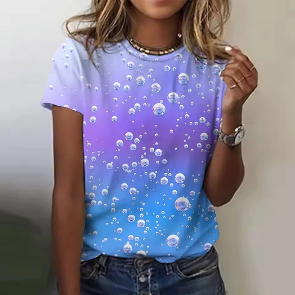 Women's Casual Short-sleeved Round Neck Colorful Water Drop 3D Printed T-shirt
