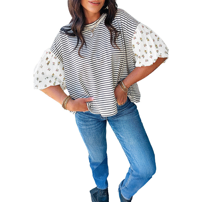 Womens Casual Striped Patchwork Loose T-Shirt