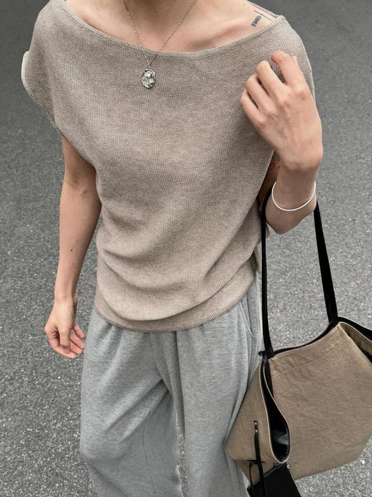Wool Linen 3D Cutting One-word Shoulder Small Blouse Short Sleeve