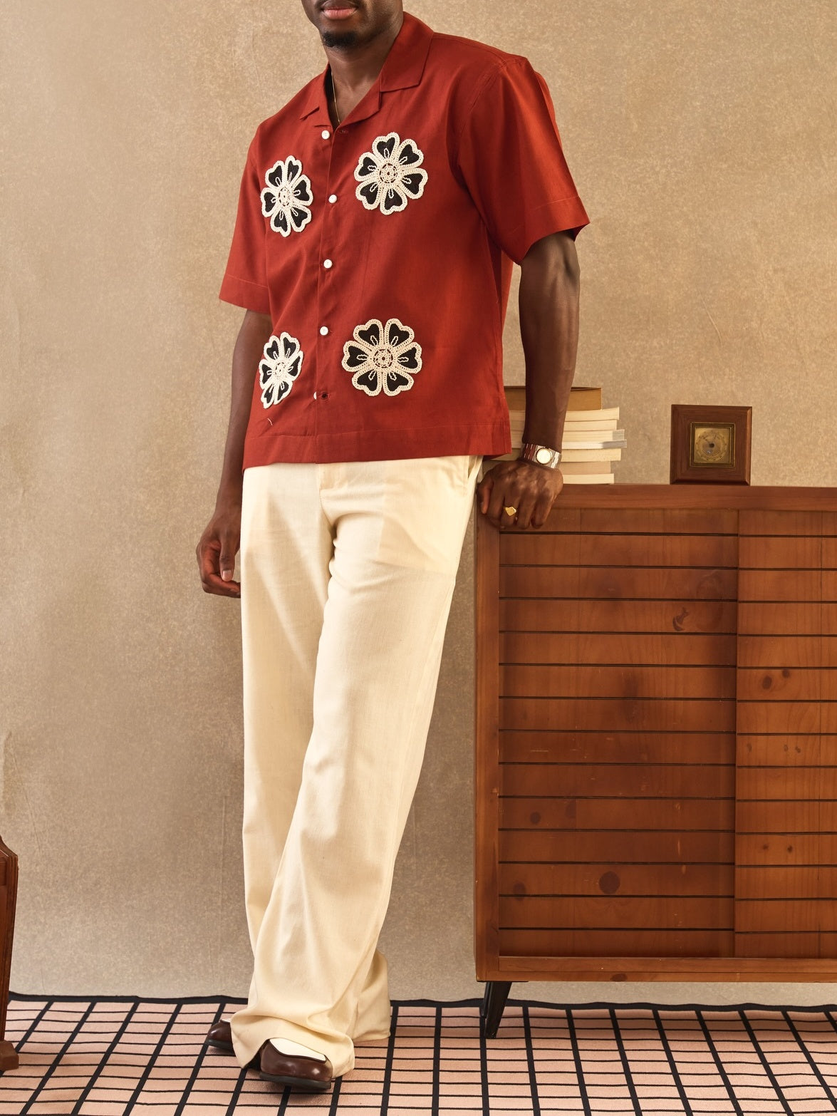 Men's Rust Red Floral Crochet Camp Collar Short Sleeve Shirt