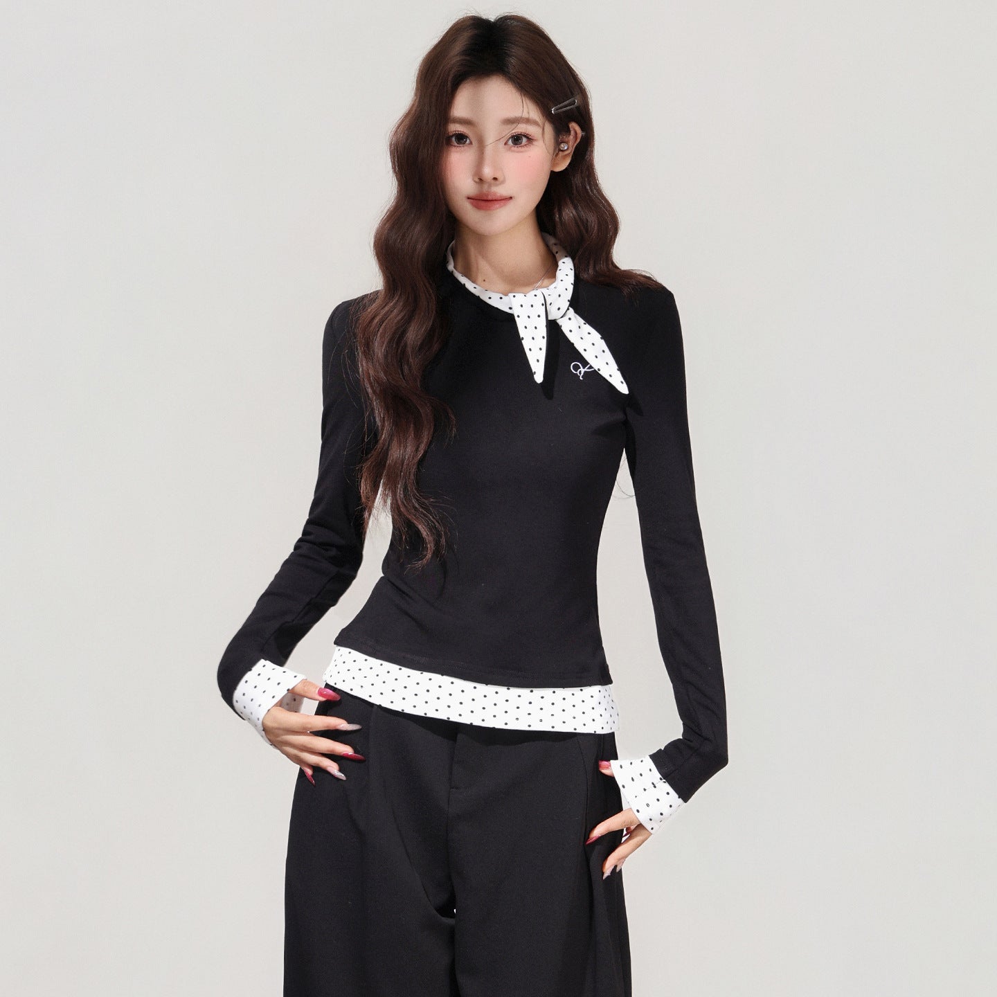 Women's Black Polka Dot Bow Fake Two-Piece Long Sleeve T-Shirt