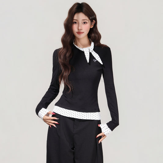 Women's Black Polka Dot Bow Fake Two-Piece Long Sleeve T-Shirt