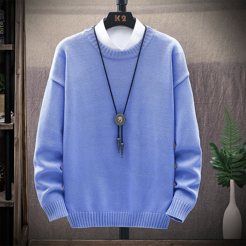 Men's New Casual Round Neck Brown Long-Sleeved Pullover Loose Sweater