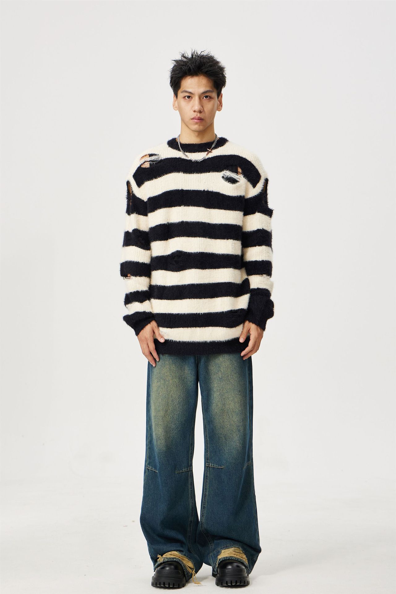 Men's And Women's Same Maychao Striped Round Neck Ripped Pullover Sweater