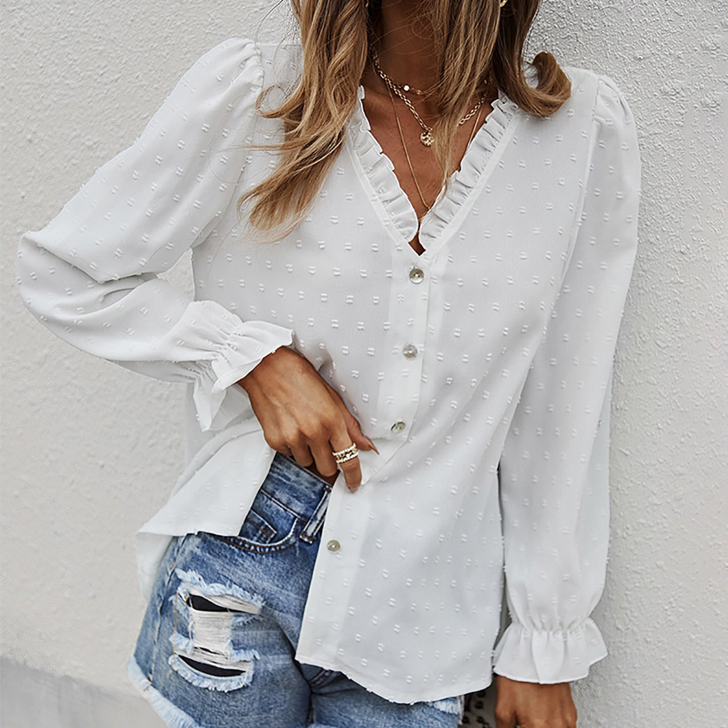 Women's Fashion Solid Color And V-neck Loose Jacquard Long Sleeve Casual Shirt Top
