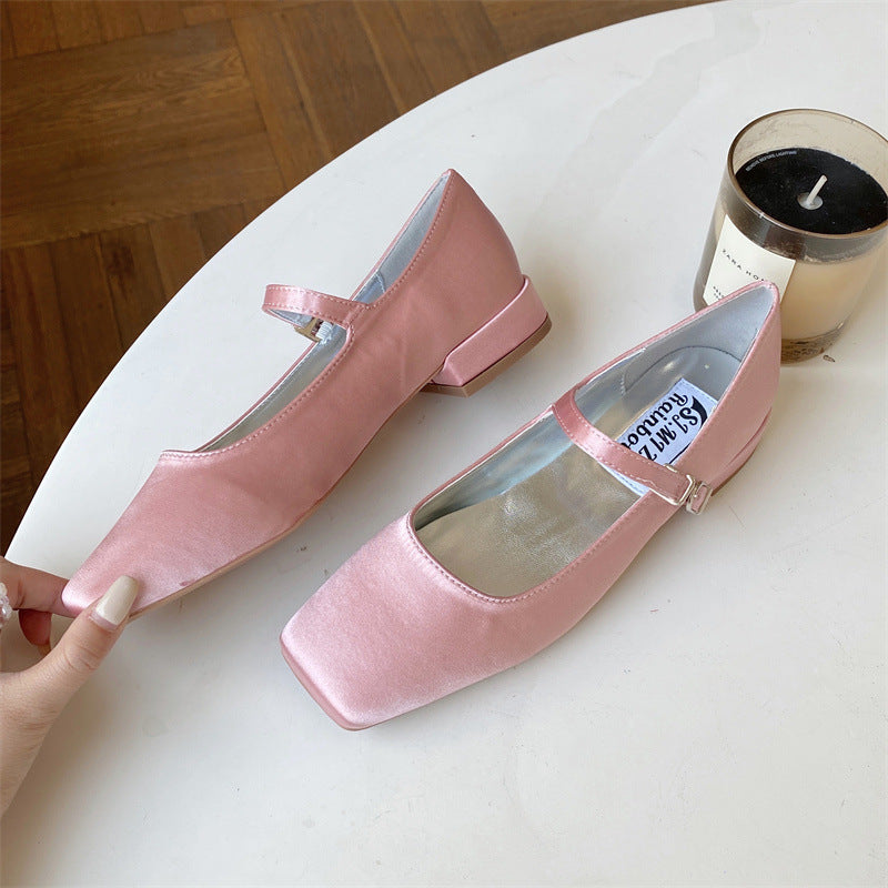French-style Vintage Square-toe Satin Granny Shoes With A Buckle Strap