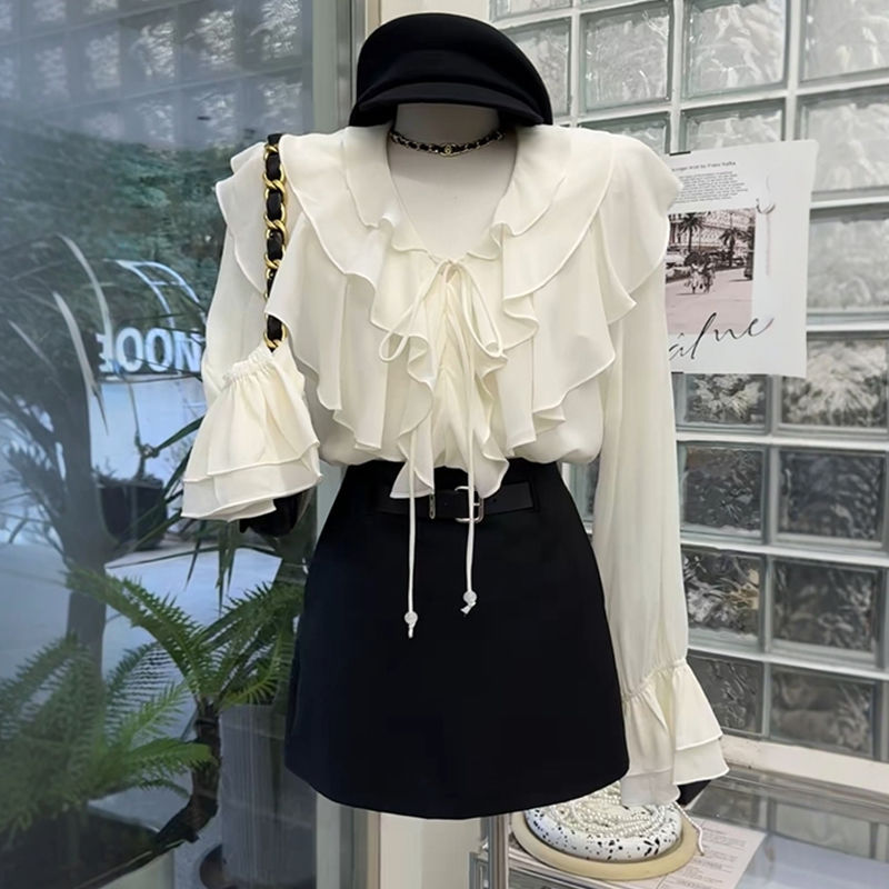 French Elegant Ruffled V-neck Long Sleeve Shirt Women