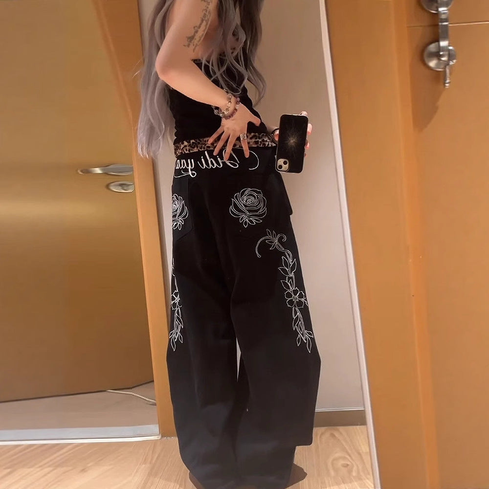 American-style High-street Tomboy Letter And Floral Embroidery Bootcut Jeans