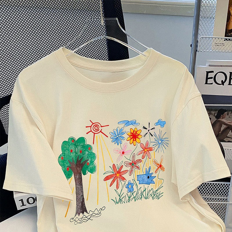 Cotton Plus Size Women's Summer Print Short Sleeve T-Shirt