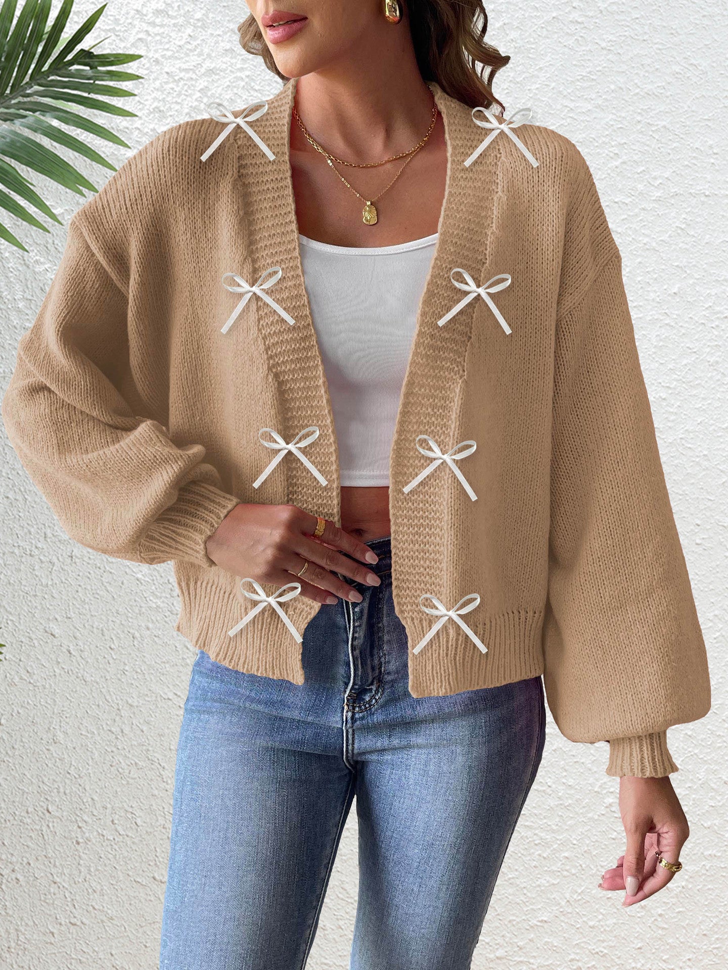 Women's Solid Color Ribbon Bowknot Stitching Sweater Cardigan
