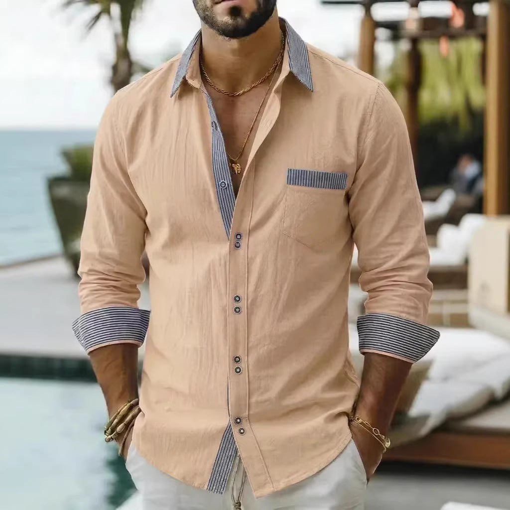 Men's Striped Double-Buckle Business Slim-Fit Casual Long-Sleeve