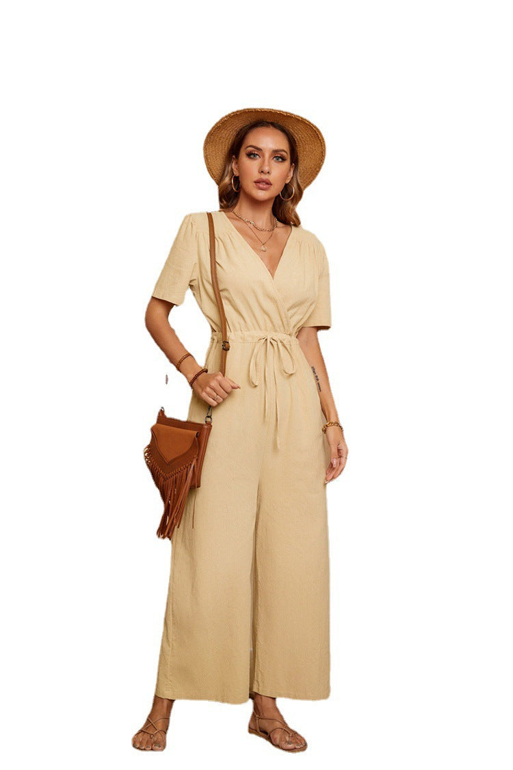 Women's Thickened Linen Cotton Short-sleeved V-neck Drawstring Pocket Jumpsuit