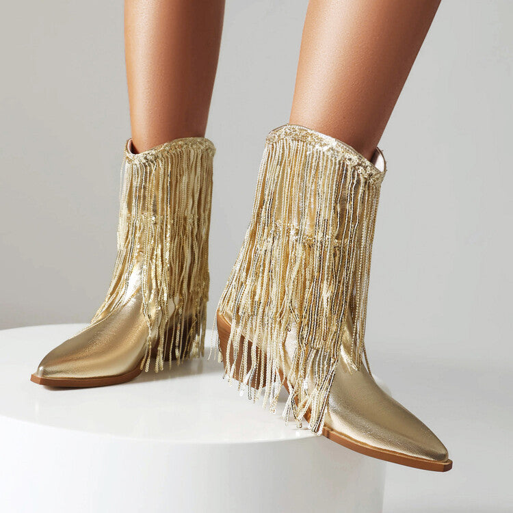 Sexy Sequin Tassel Pointed-Toe Chunky-Heel Ankle Boots For Women