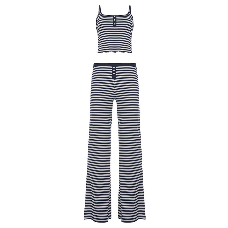 Casual Home Wear Set Striped Contrast-color Design With Buttoned Straps