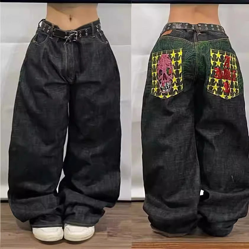American High Street Personalized Patterns Loose Straight Wide Leg Jeans