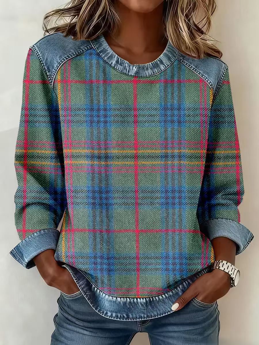 Denim Patchwork Sweatshirt Fashion Unique Crewneck Pullover Long-sleeved Shirt Top Women's Clothing