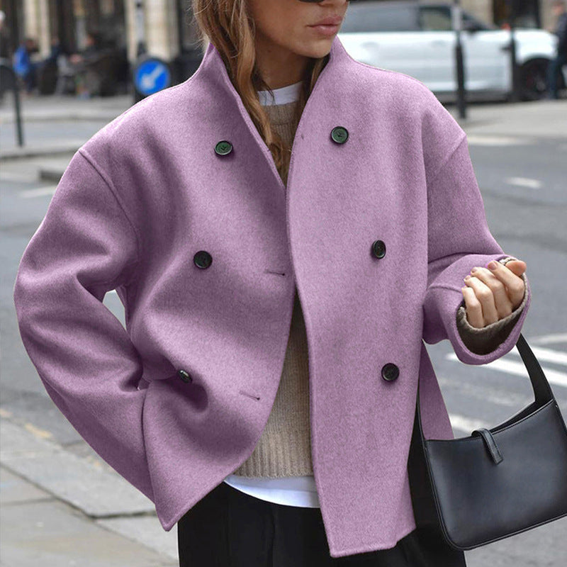 Women's Casual Double Breasted Solid Color Woolen Overcoat Coat