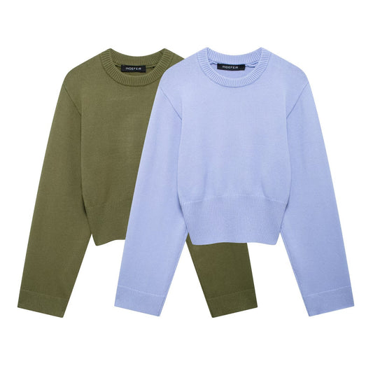 Ribbet langærmet sweater med rund hals og brede ærmer til kvinder