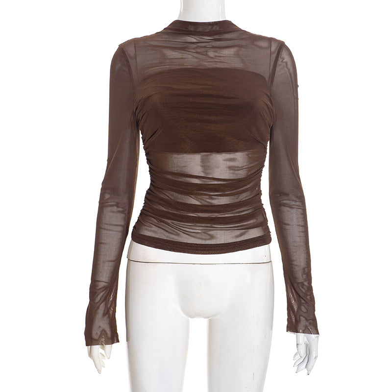 Ny rundhalset pullover med gennemsigtigt mesh-bustier-detalje