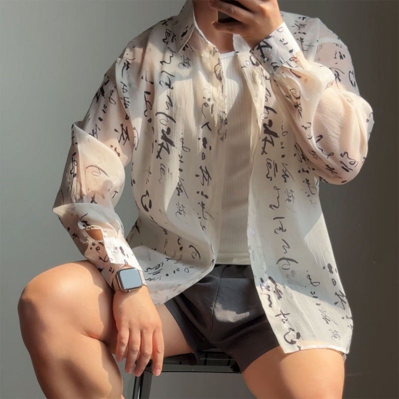 Chinese-style Calligraphy And Ink-wash Design Sheer Fabric Slim-fit Edgy Yet Casual Mens Shirt