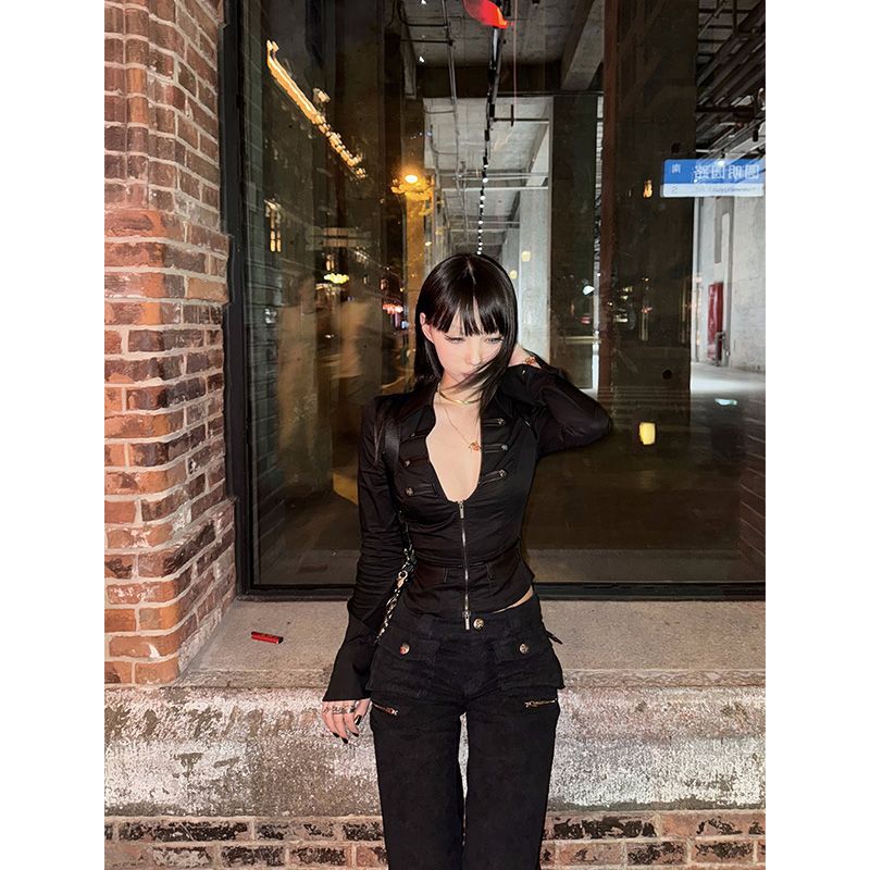 American Retro Sexy Hot Girl Deep V-neck Black Shirt