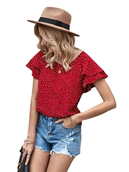 Printed Dot Red Lotus Leaf Versatile T-Shirt
