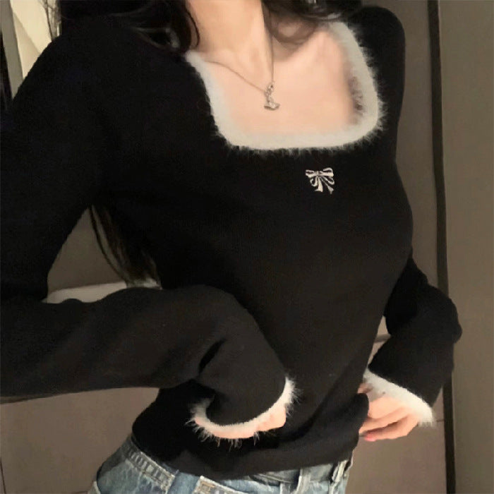 Womens Stylish Square-neck Embroidered Slim-fit Cropped Top