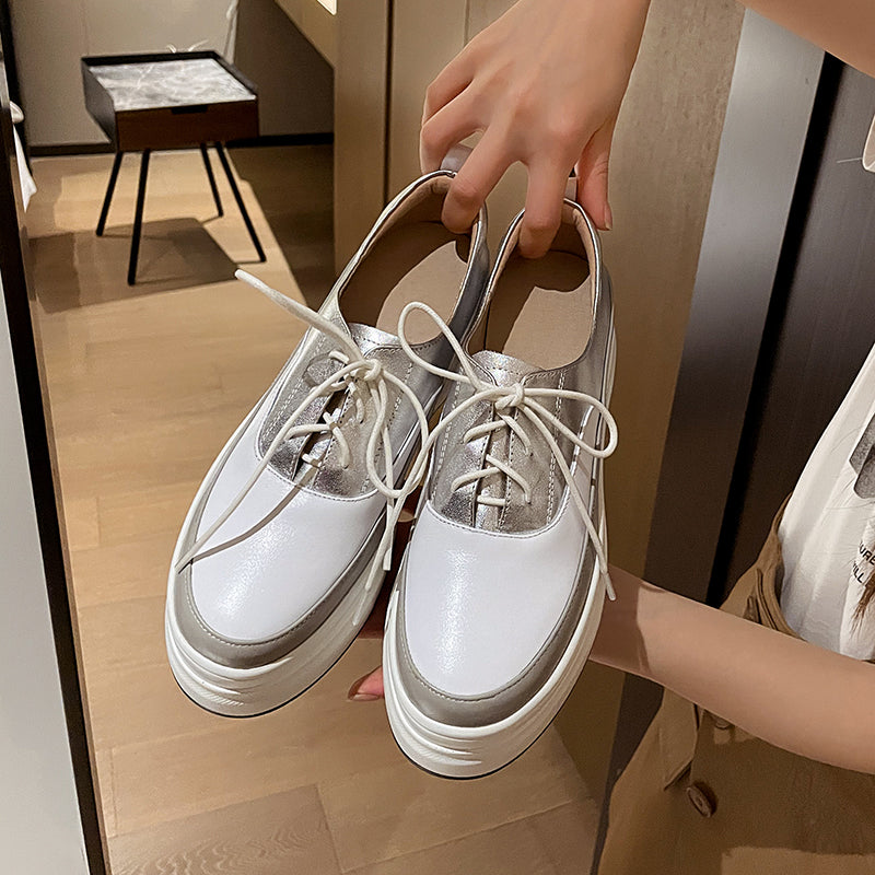 Women's Fashion Leather Color Matching Thick Sole Shoes