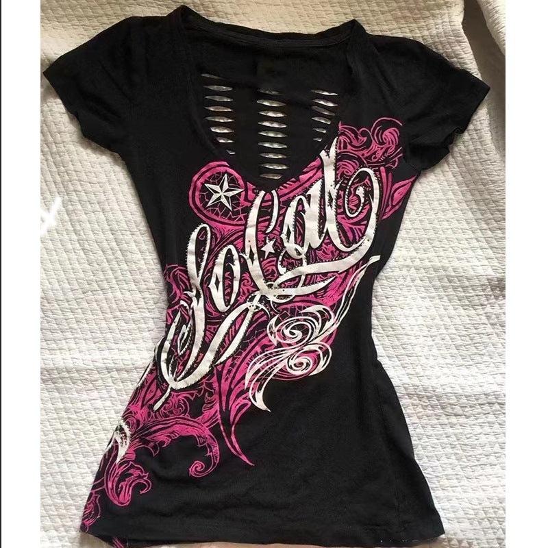 Summer Retro Black Womens T-Shirt With Ripped Back Style