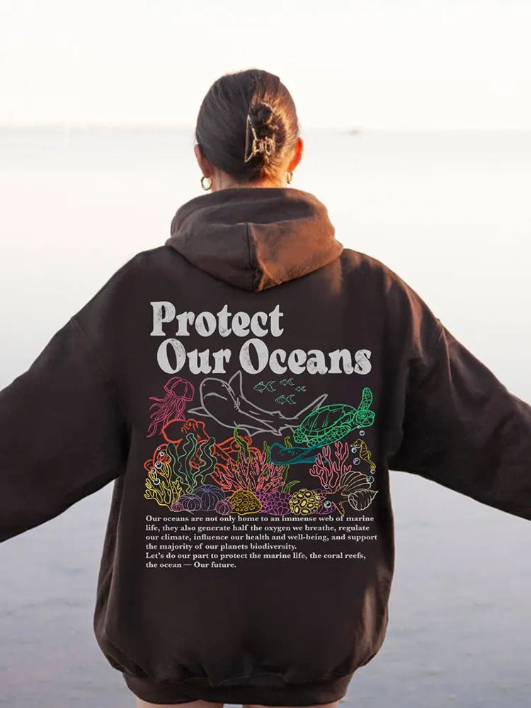 Sweater til kvinder, løs pasform, Protect Our Oceans hættetrøje