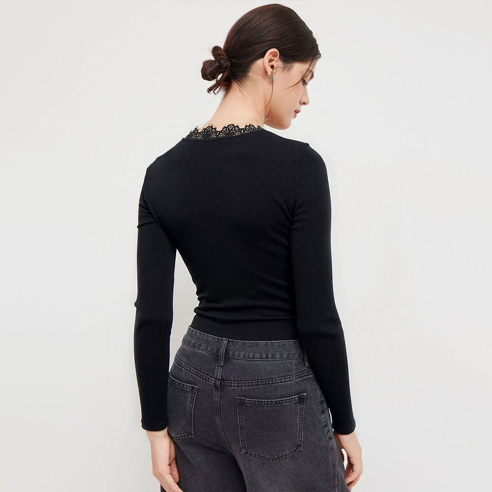 Autumn And Winter Black V-neck Lace-trimmed Twist Long-sleeved Hollow-out Design Slim-fit Bodysuit