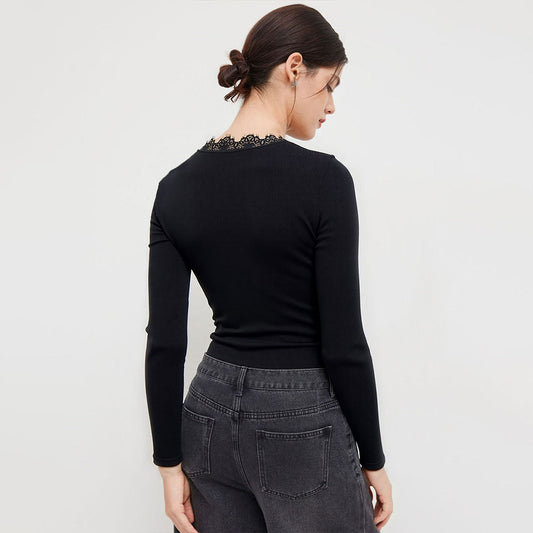 Efterår og Vinter Sort V-hals Blondebesat Snoet Langærmet Udhulet Design Slim-fit Bodysuit