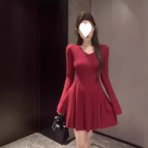 Womens Solid-Color Versatile Fashionable Slimming Long-Sleeve Dress