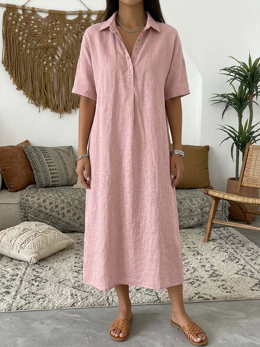 Straight-cut Comfortable Linen Short-sleeve Dress With A Polo Collar