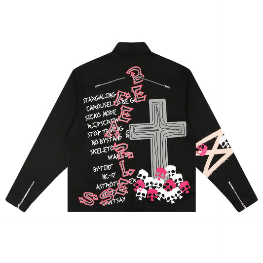 Retro Cartoon Graffiti Print And Embroidery Zip Jacket