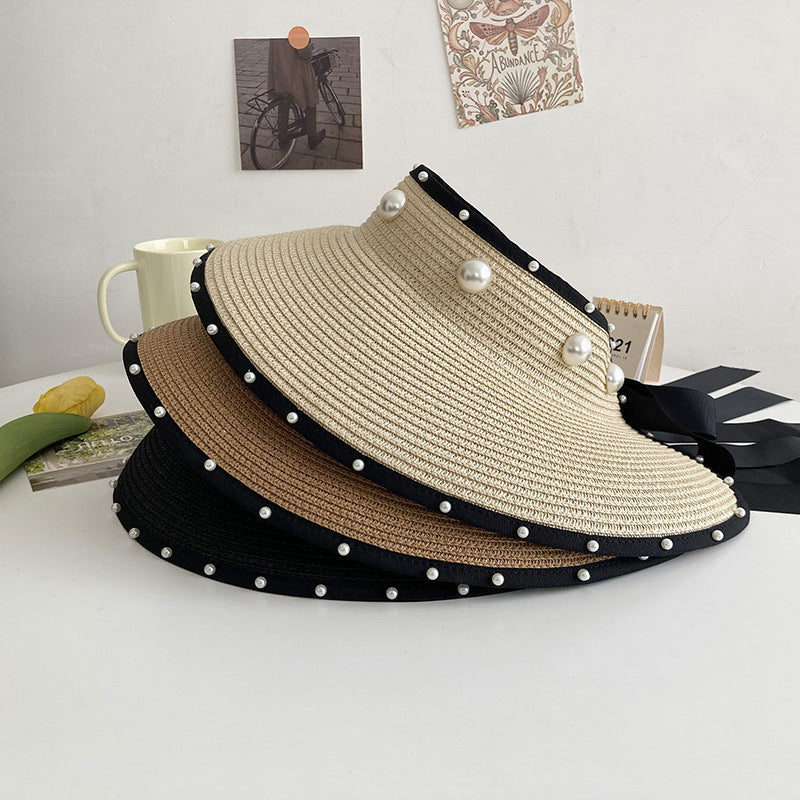 Straw Sun Protection Simple Empty Top Pearl Topless Sun Hat