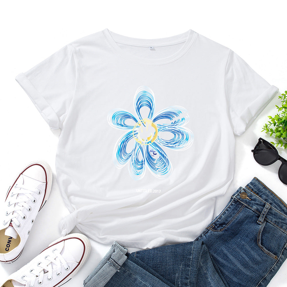 European And American Cotton Loose Round Neck Creative Flower Short Sleeve