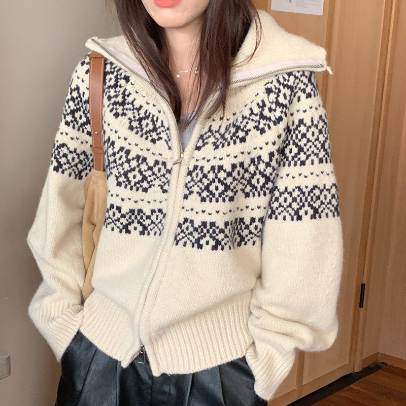 Jacquard Weave Zip Knitted Cardigan Sweater Coat For Women