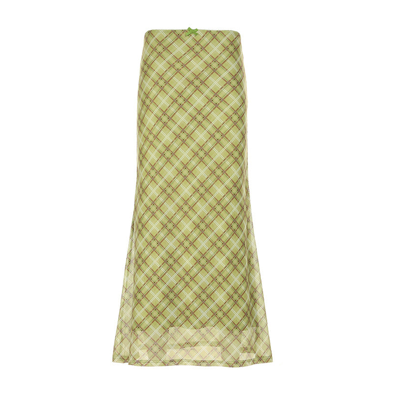 Green Plaid Contrasting Slim Fit Skirt
