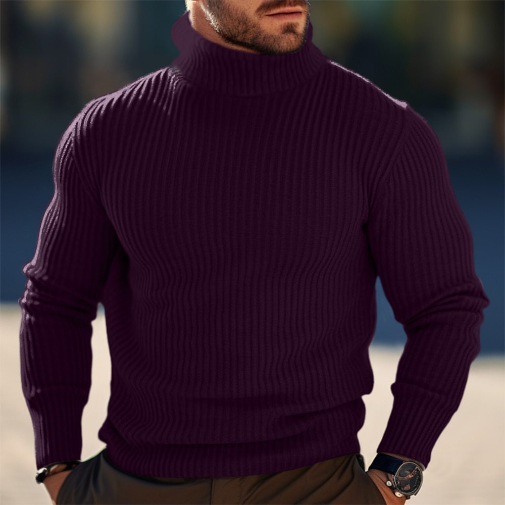 Efterår Og Vinter Turtleneck Ensfarvet Stribet Sweater Mænd